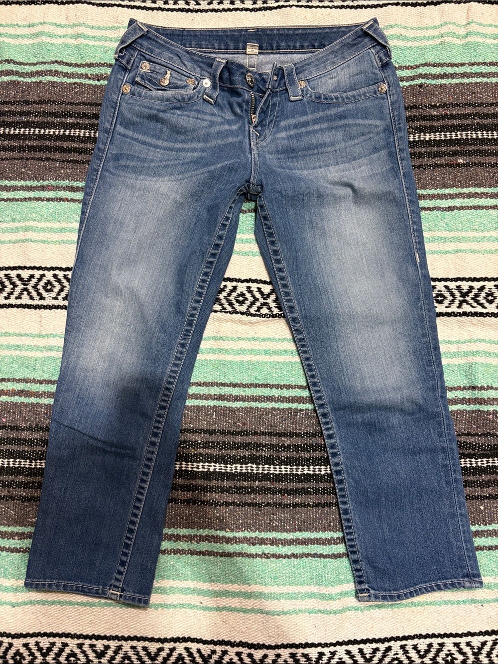 True Religion Women's Faded Blue Cropped Straight Jeans